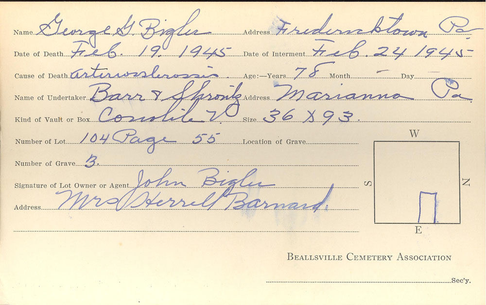 George C. Bigler burial card